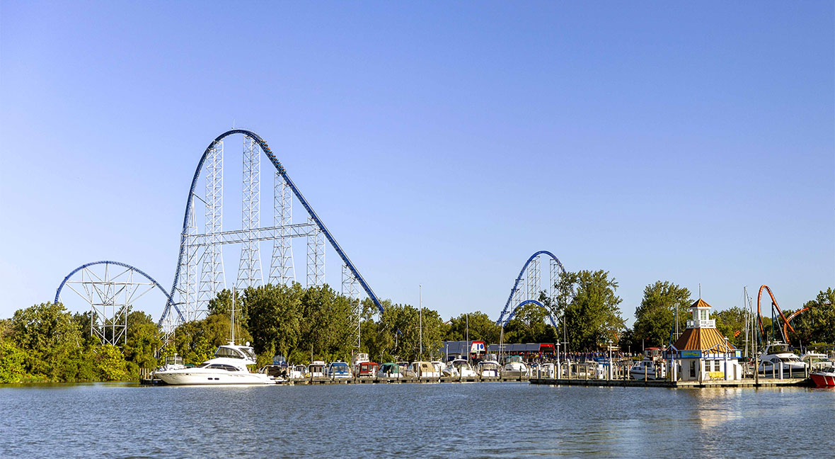 Millennium Force towers over Cedar Point's Marina and boat docks