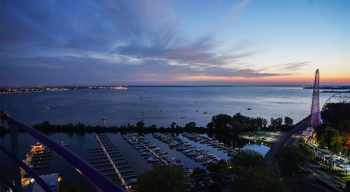Sunset above the Cedar Point Marina and Millennium Force